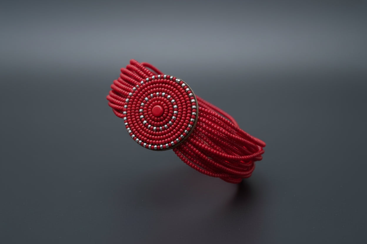 Round Maasai Cuff - Red w Silver