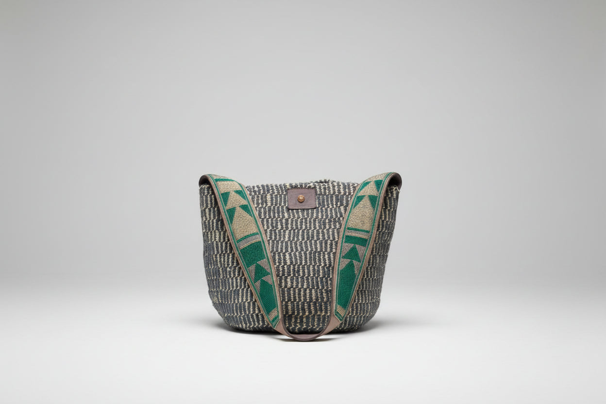 Lamu Basket With Beaded Handles - Grey & White