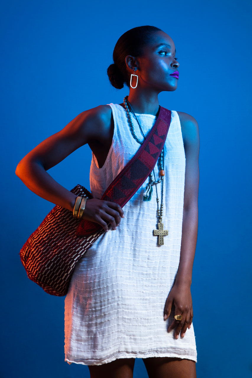 Lamu Basket With Beaded Handles - Red & White