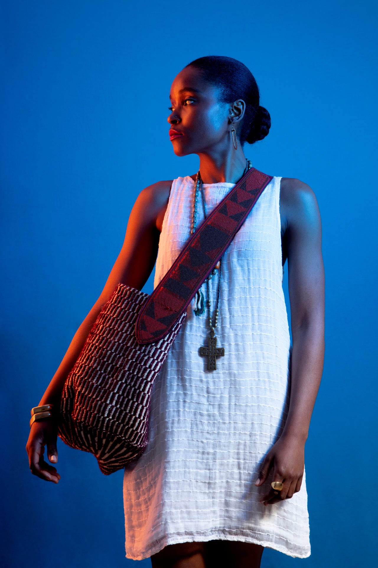 Lamu Basket With Beaded Handles - Red & White