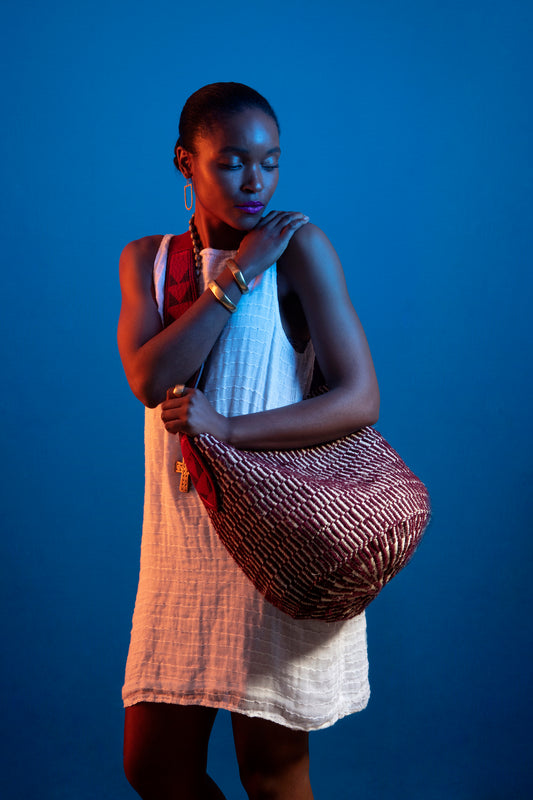 Lamu Basket With Beaded Handles - Red & White