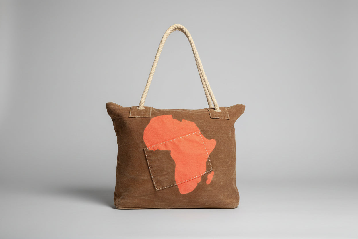 Brown tote bag with orange Africa map design on a gray background