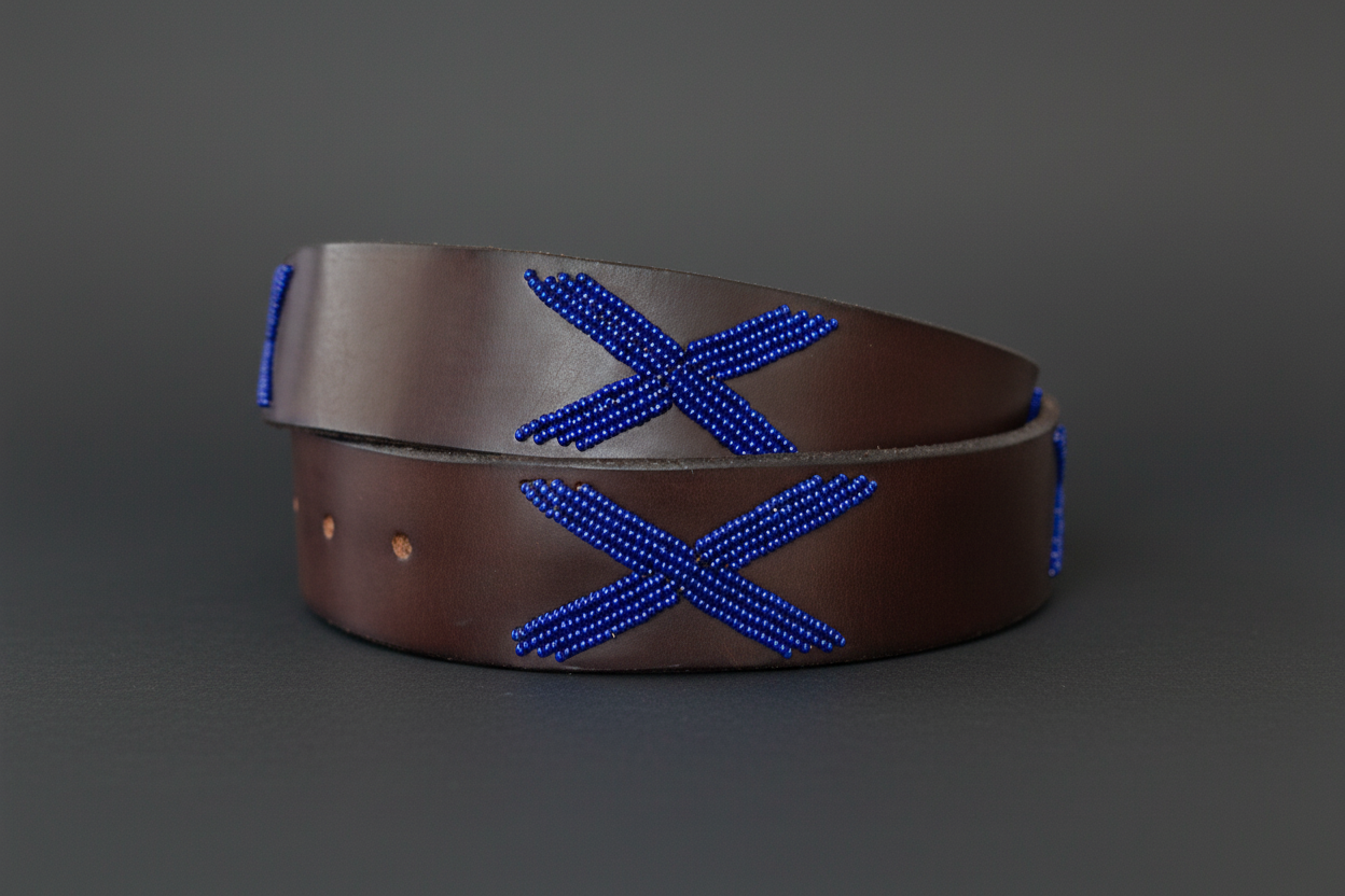 Brown leather belt with blue decorative 'X' pattern on a white background