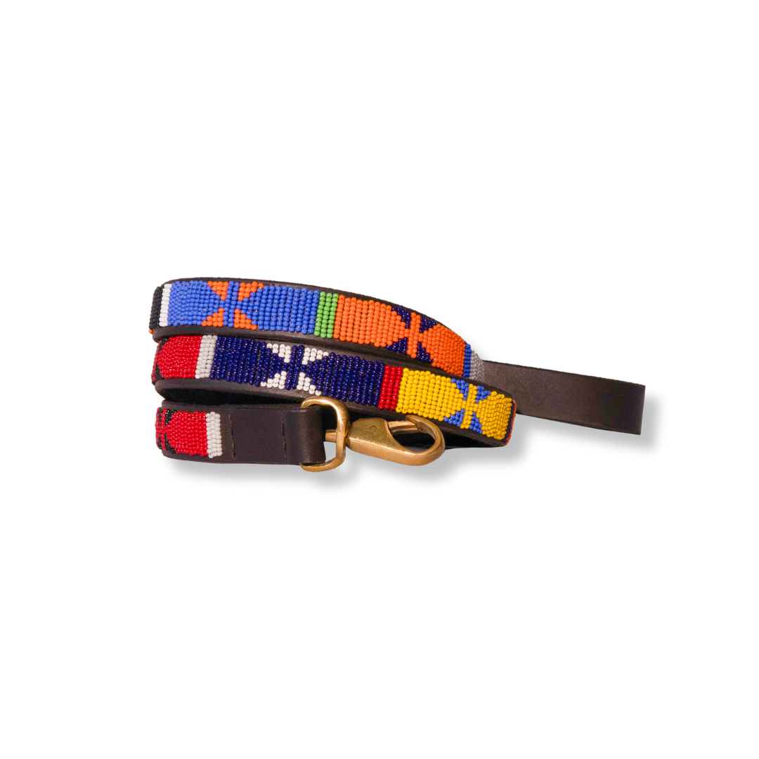 Colorful dog leash with patterned handle on a white background