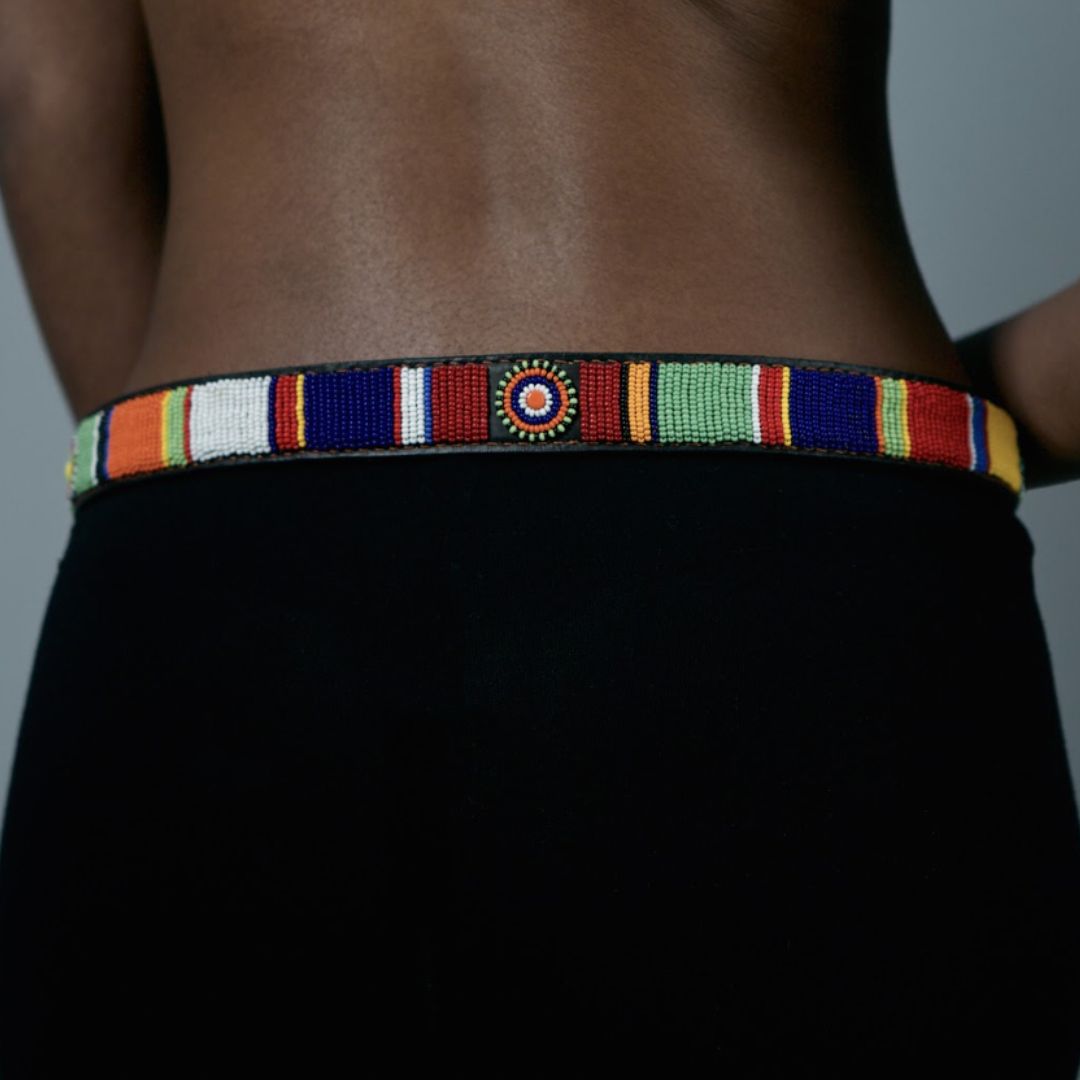 Beaded Leather Belt - Patterned