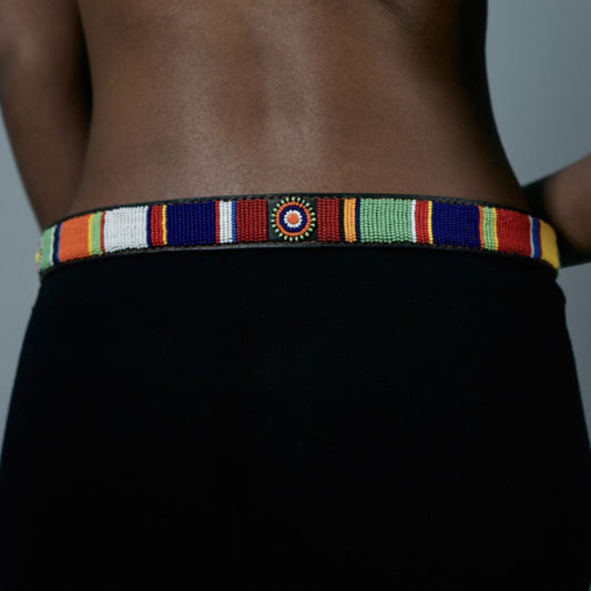 Beaded Leather Belt - Patterned