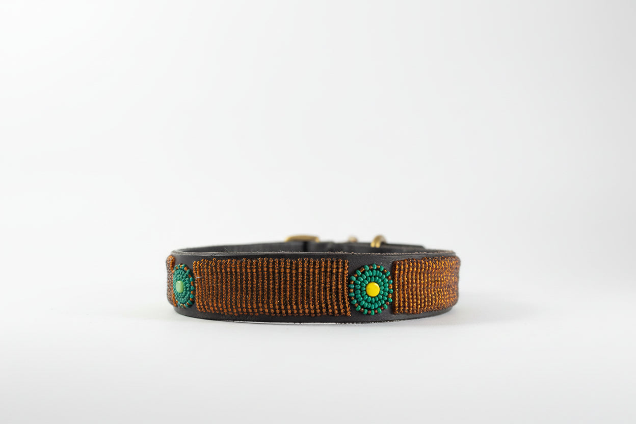 Dog collar with beadwork on a white background 