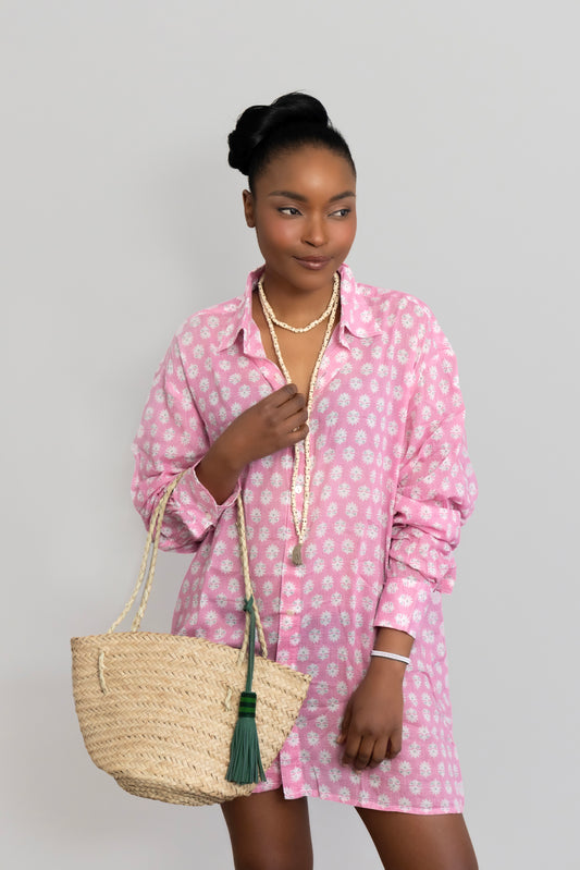 Indian Cotton Shirt - Pink & White 1