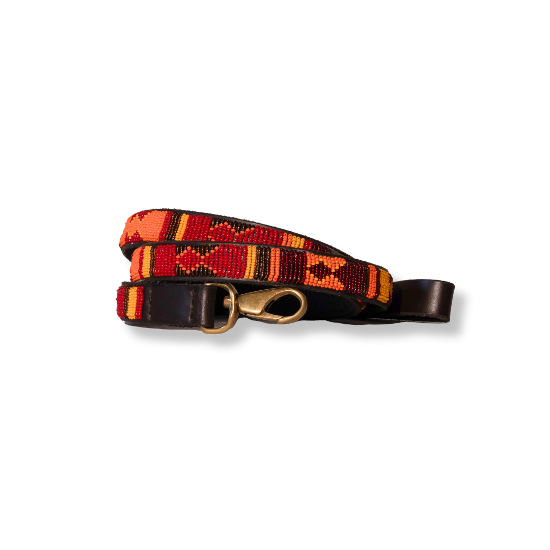 Dog leash with red and orange pattern on a white background