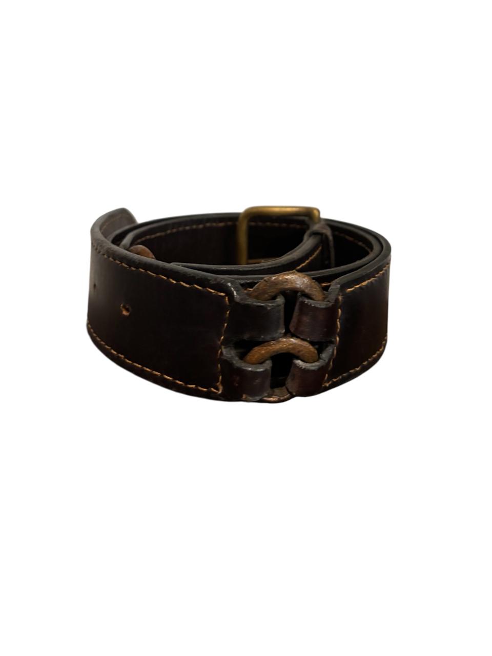 Brown leather belt with a buckle.
