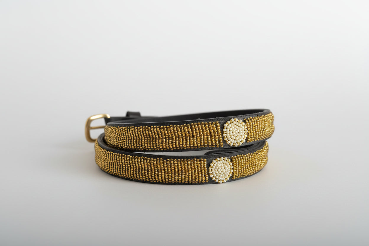 Leather Belt - Solid Beading With Discs - 2cm Width