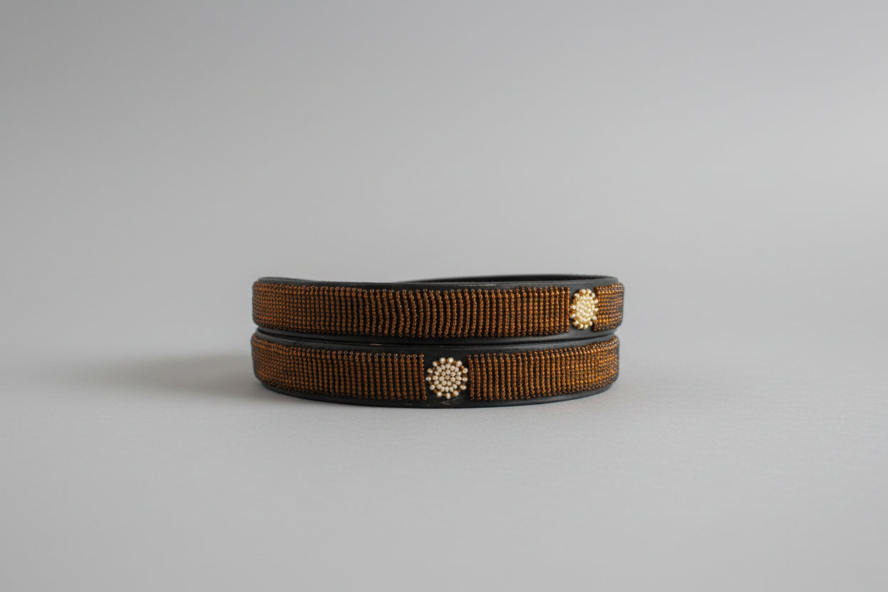 Leather Belt - Solid Beading With Discs - 2cm Width