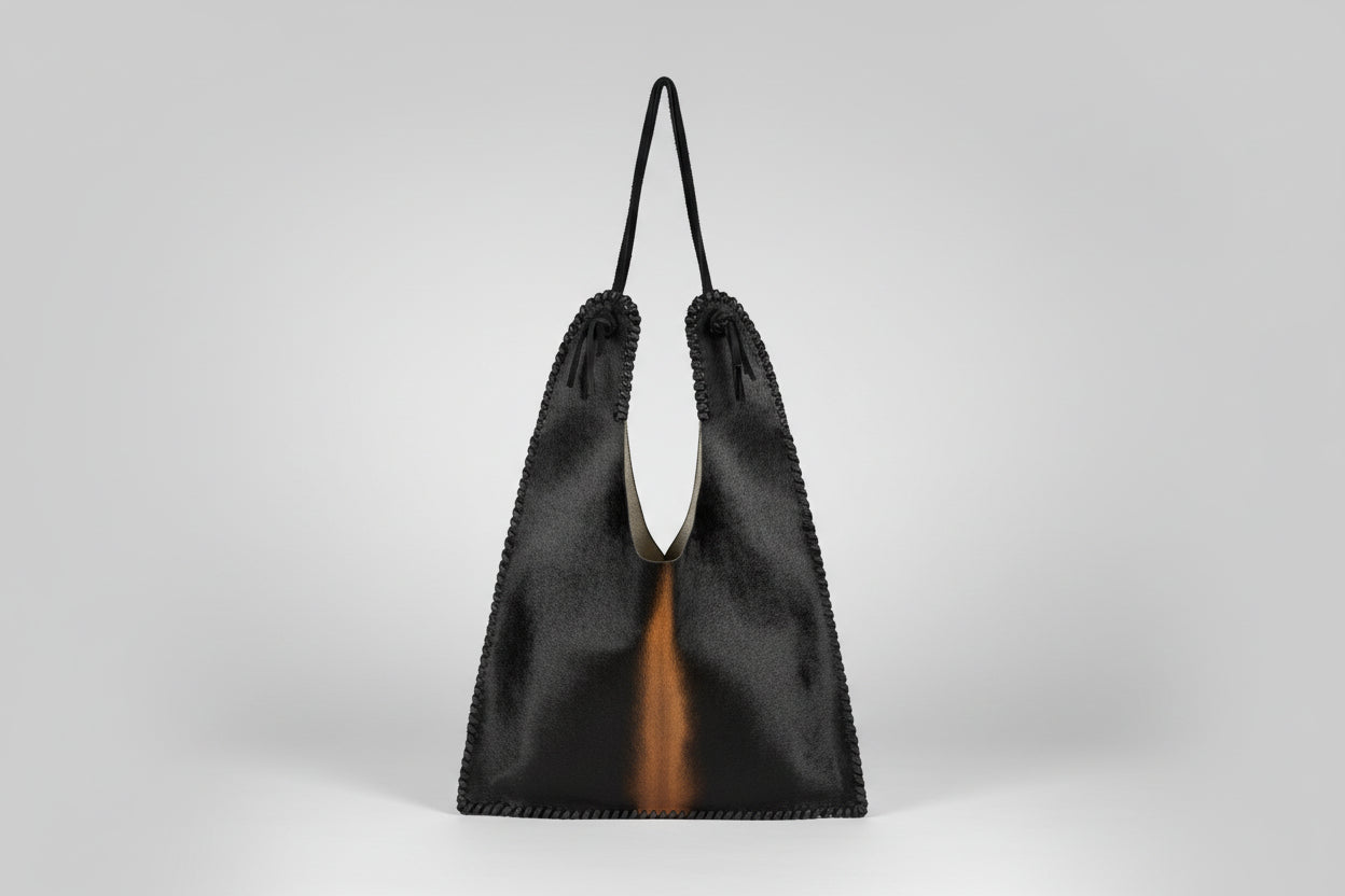 Black drawstring bag with brown interior hanging on a hook 